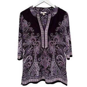 ROZ & ALI Tunic Top Size Medium Purple Paisley Stretch Long Sleeve V-Neck